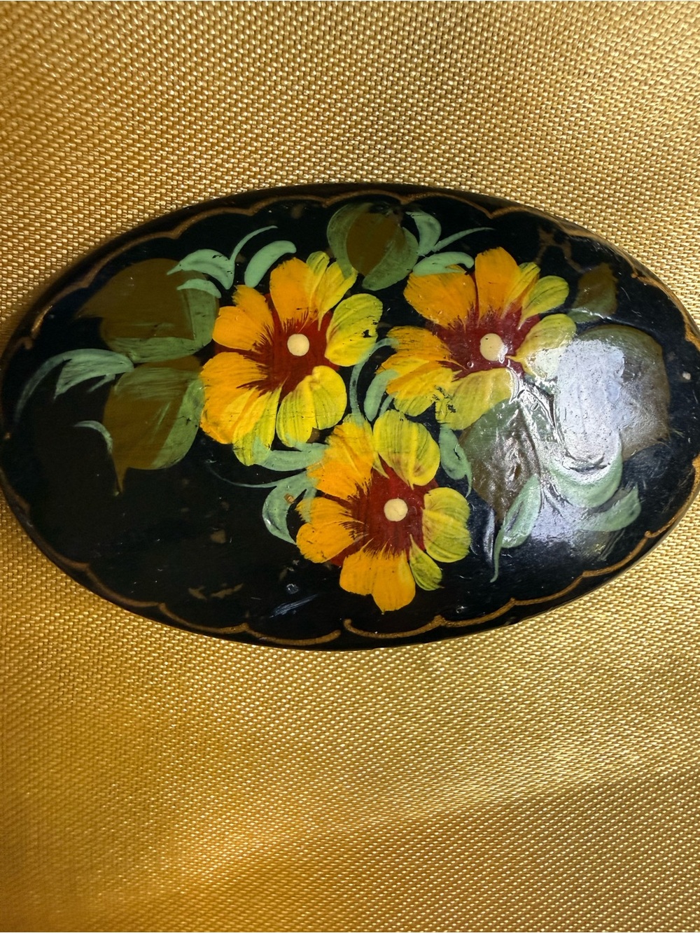 Hand-Painted Black Floral Oval Women’s Pin Brooch
